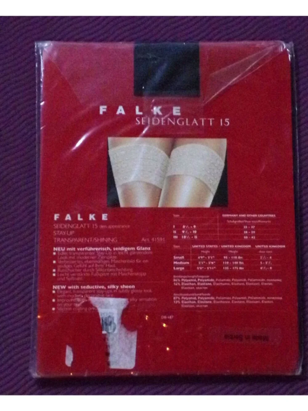 🆕FALKE Seidenglatt 15 Stay-Up Transparent Shining Stockings Black